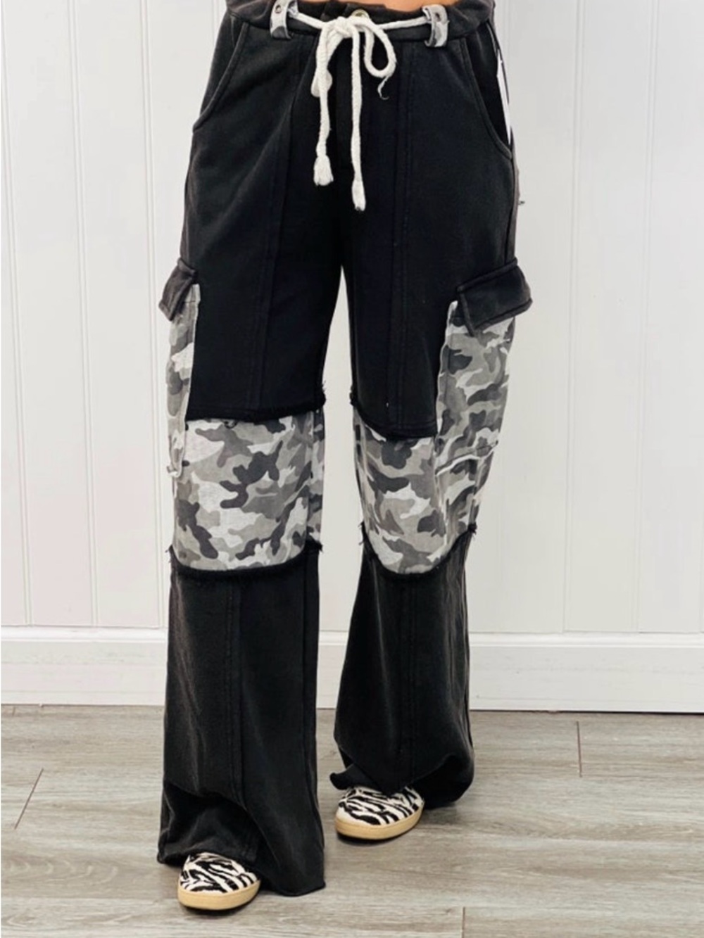 POL Black Wide-Leg Cargo Pants with Gray Camo Panels